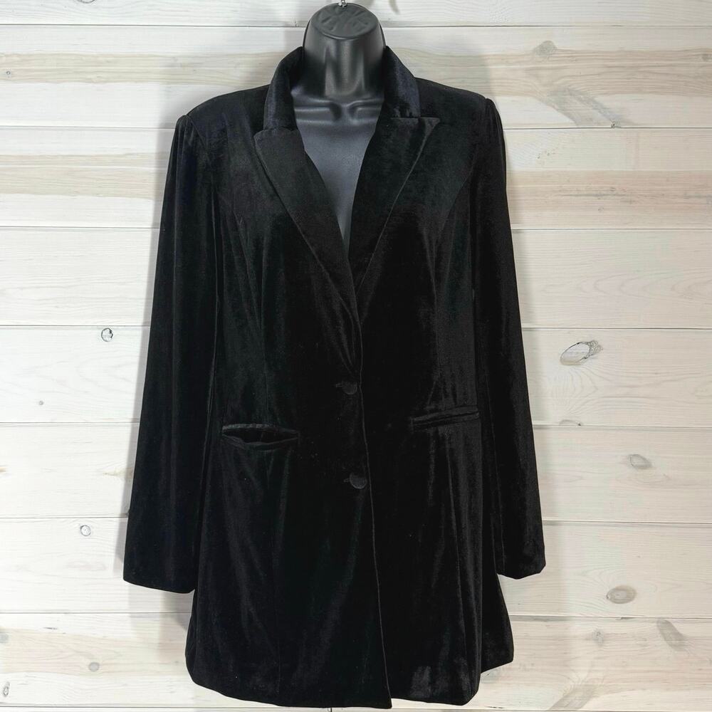 BiBi Black Shiny Velvet Peak Lapel Longline Blazer Jacket Medium Holiday